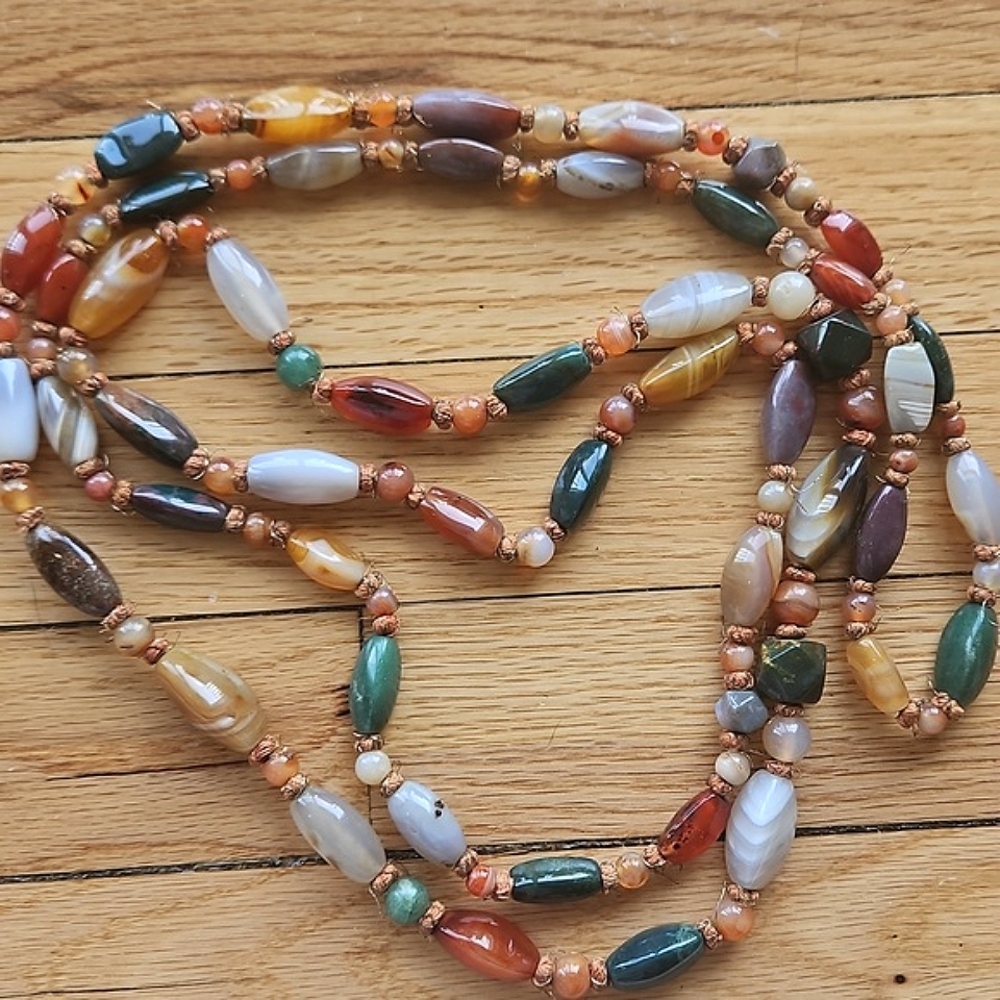 60s Oriental Agate Carnelian Multi Gemstone Necklace Gold Spacer Thread Final